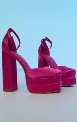 Pink Satin Square Toe Double Platform Heeled Sandals
