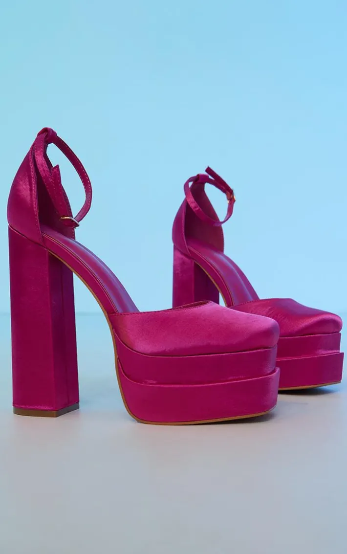 Pink Satin Square Toe Double Platform Heeled Sandals