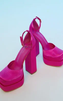 Pink Satin Square Toe Double Platform Heeled Sandals