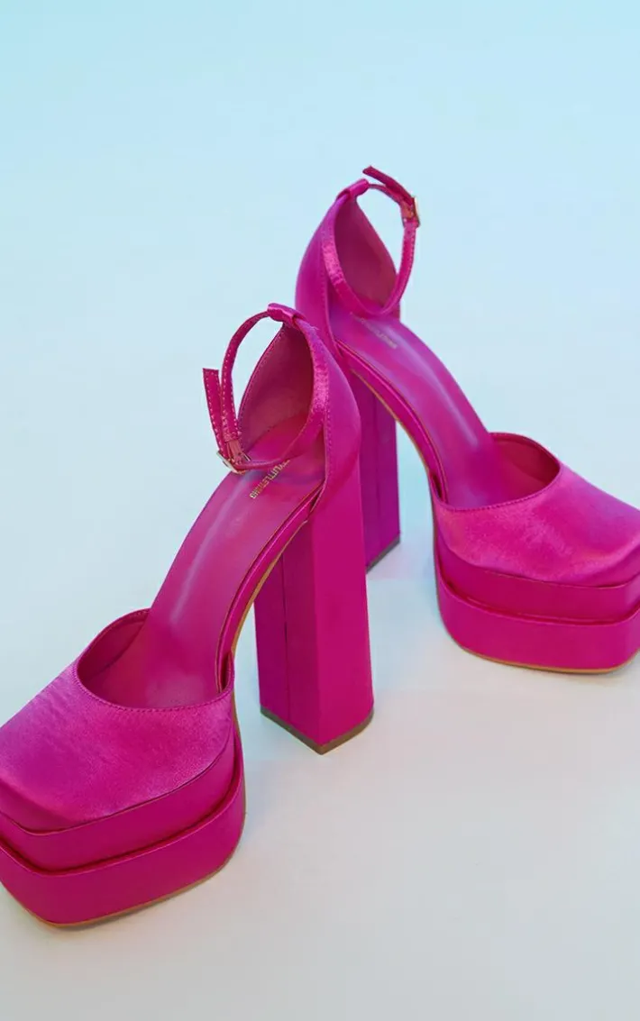 Pink Satin Square Toe Double Platform Heeled Sandals