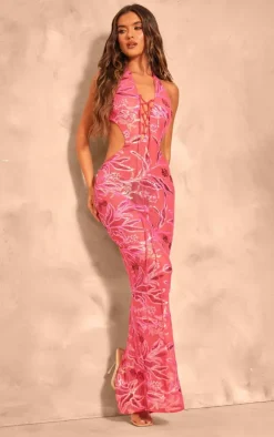Pink Sequin Plunge Maxi Dress