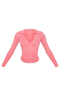 Pink Sheer Rib Knit V Neck Long Sleeve Top