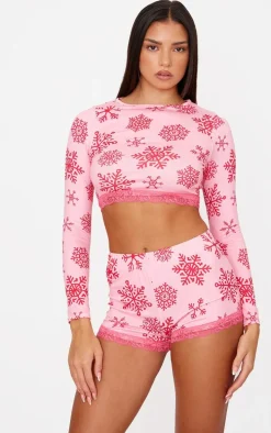 Pink Snowflake Print Long Sleeve Short Pj Set