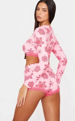 Pink Snowflake Print Long Sleeve Short Pj Set