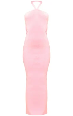 Pink Soft Knit Halter Tie Maxi Dress