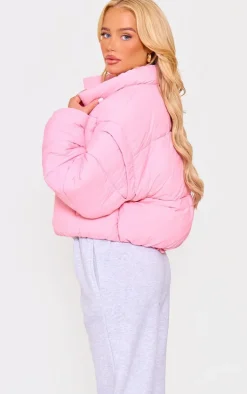 Pink Soft Nylon Set In Sleeve Popper Pocket Puffer