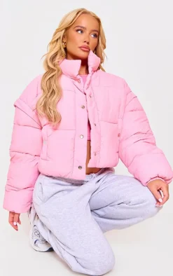 Pink Soft Nylon Set In Sleeve Popper Pocket Puffer