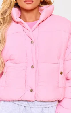 Pink Soft Nylon Set In Sleeve Popper Pocket Puffer