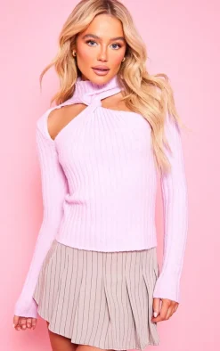 Pink Soft Rib Knit High Neck Cut Out Top