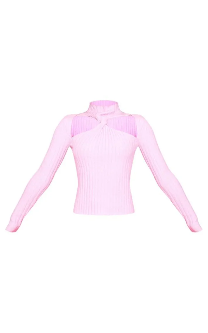 Pink Soft Rib Knit High Neck Cut Out Top