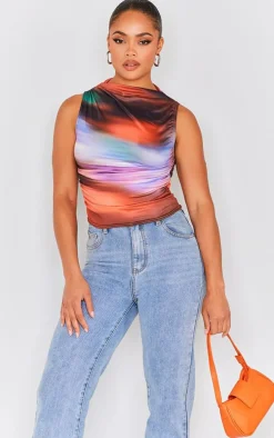 Pink Soft Touch Jersey Ombre Print Ruched Side Long Top