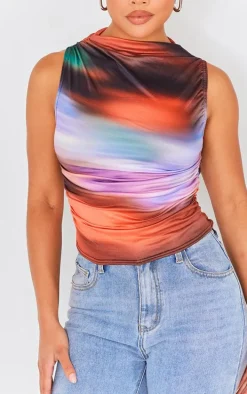 Pink Soft Touch Jersey Ombre Print Ruched Side Long Top