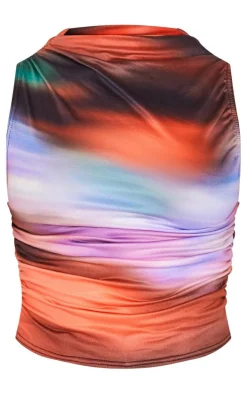 Pink Soft Touch Jersey Ombre Print Ruched Side Long Top