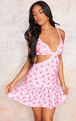 Pink Strawberry Printed Broderie Cut Out Frill Shift Dress