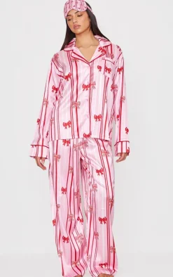 Pink Stripe Bow Print Satin Long Pj Set