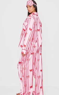 Pink Stripe Bow Print Satin Long Pj Set