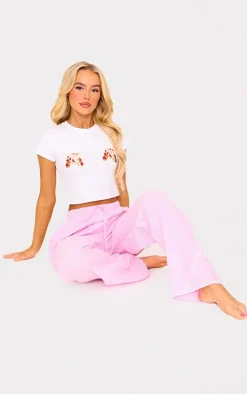 Pink Stripe Croissant Bow Long Pant Lace Detail Set