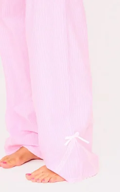 Pink Stripe Croissant Bow Long Pant Lace Detail Set