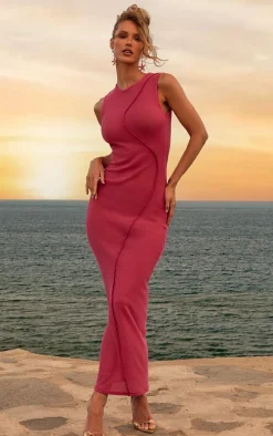 Pink Textured Exposed Seam Midaxi Dress