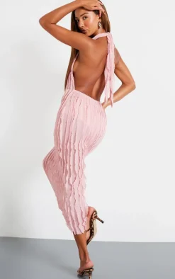 Pink Textured Plunge Front Midi Dress