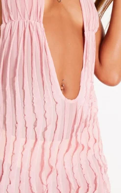 Pink Textured Plunge Front Midi Dress