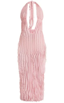 Pink Textured Plunge Front Midi Dress