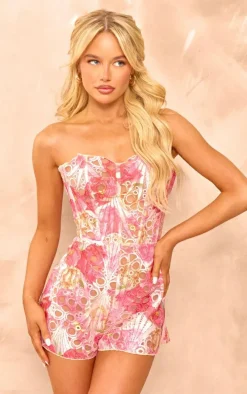 Pink Textured Sheer Floral Corset Romper