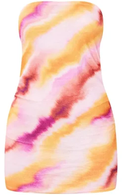 Pink Tie Dye Print Towelling Bandeau Bodycon Dress