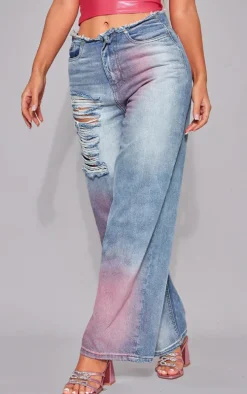 Pink Tint Vintage Wash Distressed Seam Detail Wide Leg Jeans