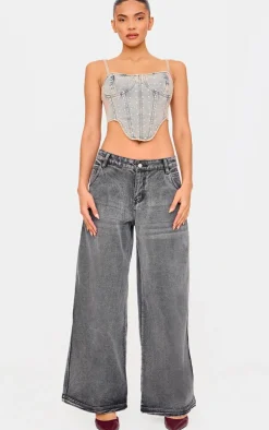 Pink Tint Vintage Wash Diamante Detail Curved Hem Denim Corset Top