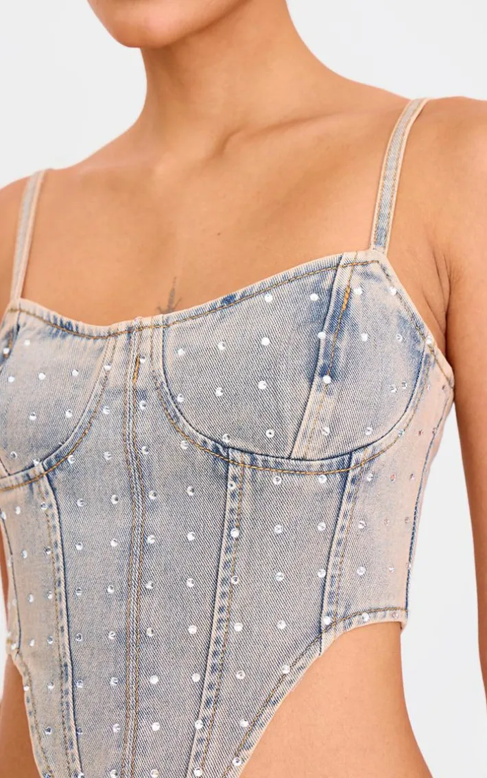 Pink Tint Vintage Wash Diamante Detail Curved Hem Denim Corset Top