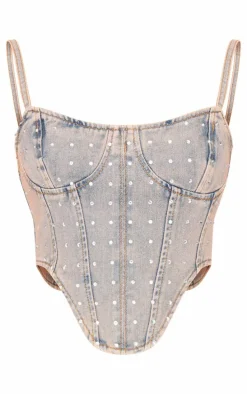 Pink Tint Vintage Wash Diamante Detail Curved Hem Denim Corset Top