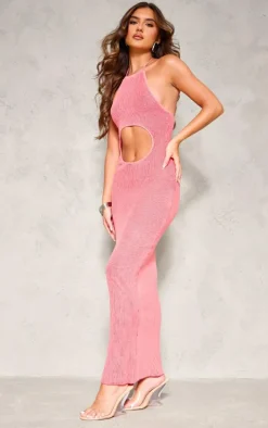 Pink Two Tone Knit Extreme Cut Out Maxi Dress