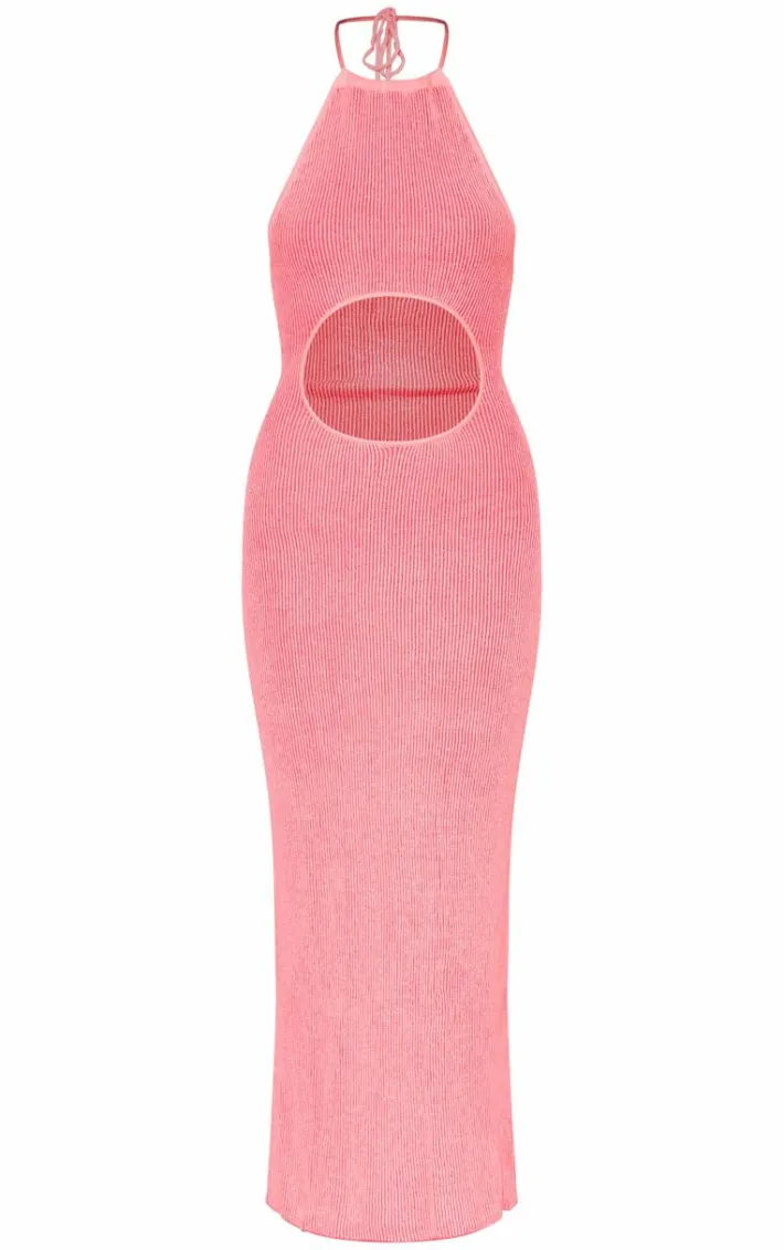 Pink Two Tone Knit Extreme Cut Out Maxi Dress