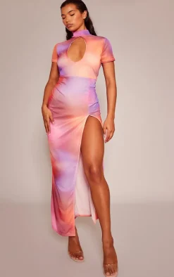 Pink Watercolour Cut Out Short Sleeve Maxi Dress