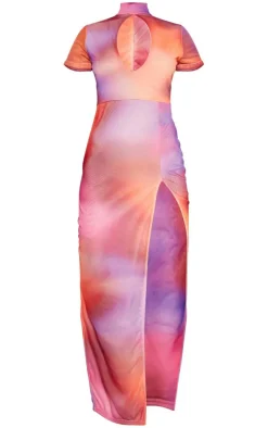 Pink Watercolour Cut Out Short Sleeve Maxi Dress