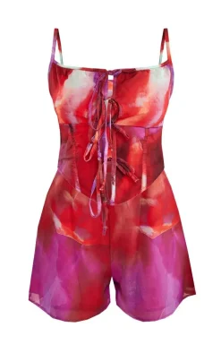 Pink Watercolour Print Chiffon Multi Tie Detail Strappy Romper
