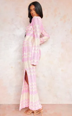 Pink Wave Knit Textured Long Sleeve Maxi Dress