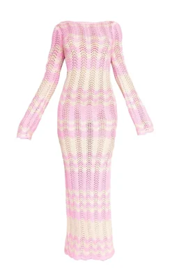 Pink Wave Knit Textured Long Sleeve Maxi Dress