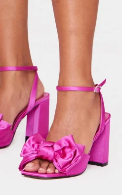 Pink Wide Fit Satin Round Toe Bow Block Heeled Sandals