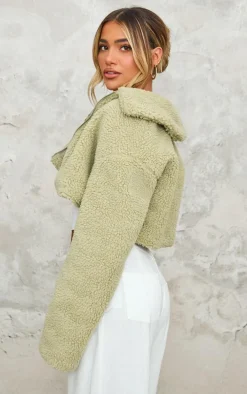 Pistachio Cropped Borg Zip Up Jacket