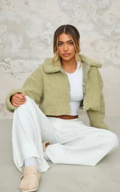 Pistachio Cropped Borg Zip Up Jacket