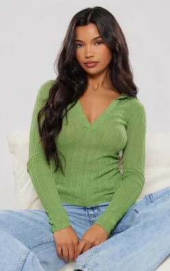 Pistachio Sheer Rib Knit V Neck Long Sleeve Top