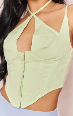 Pistachio Woven Hook And Eye Halter Neck Corset