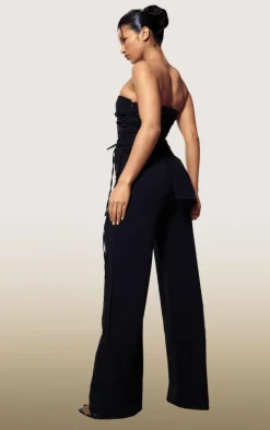 PLT Label Black Overlay Panel Lace Up Tailored Jumpsuit