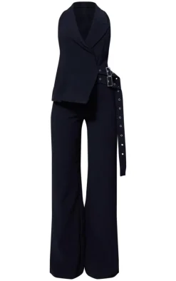 PLT Label Black Tailored Vest Belt Detail Jumpsuit