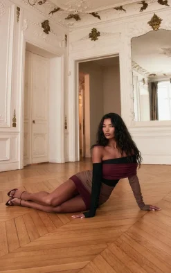 PLT Label Burgundy Bandage Mesh Panel Ruched Asymmetrical Bodycon Dress