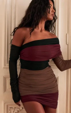 PLT Label Burgundy Bandage Mesh Panel Ruched Asymmetrical Bodycon Dress