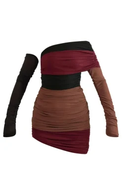 PLT Label Burgundy Bandage Mesh Panel Ruched Asymmetrical Bodycon Dress