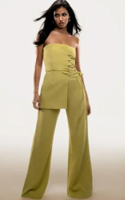 PLT Label Chartreuse Overlay Panel Lace Up Tailored Jumpsuit